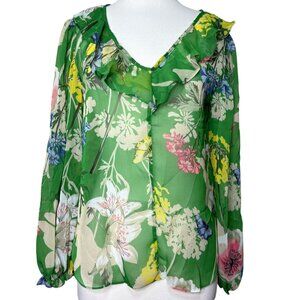Gibson Latimer Green Floral Blouse Size Small NEW Sheer Ruffle Neckline